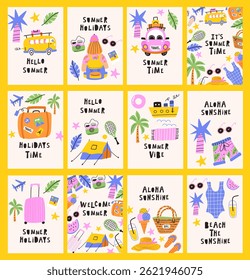 Summer poster set with travel beach objects in cartoon style. Summer holidays design elements - accessories, tropical plants, beach items, travel and sports objects. Vector illustration
