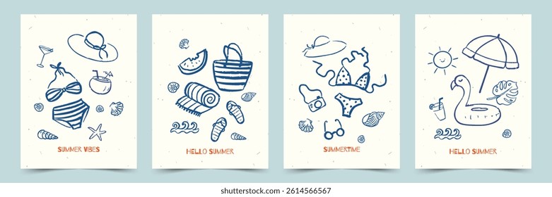 Summer poster set with trendy hand drawn beach and vacation doodle elements. Vector sketchy line art for wall decor, postcard, cover, sale, discount, social media ads, promo.