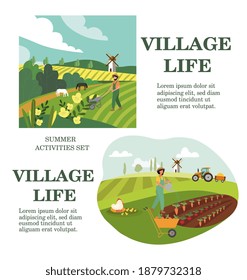 Summer poster showing assorted activities of Village Life working in the fields cultivating crops with text and copyspace, flat cartoon colored vector illustration