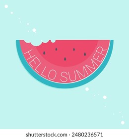 Summer poster with a slice of watermelon.
Summer composition of watermelon with the inscription "Hello Summer" on a blue background.Vector illustration.