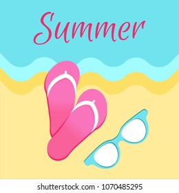 Summer poster with slide sandals or flip-flops and sunglasses on seaside vector illustration banner on background of sea shore and yellow sun