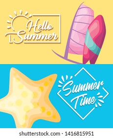 summer poster with starfish and surfboard