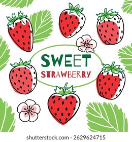 Cartel de verano con fresas y espacio para texto. Bayas coloridas dibujadas a mano sobre fondo blanco