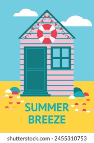 Summer poster with striped beach house on the seaside. Abstract bathing hut on the seashore. Vector illustration, card, invitation