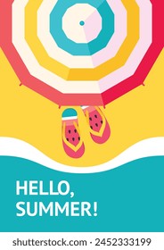 Summer poster with striped sun umbrella and flip flop on the beach. Hot season travelling background with parasol and sandals on the sea coast. Banner, flyer, card, invitation