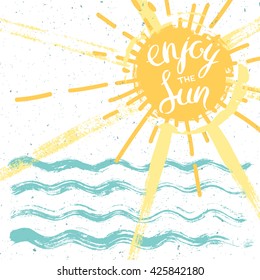 summer poster with sun and ocean waves in grunge style, vector summer illustration