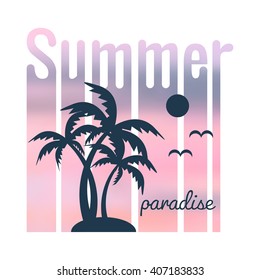 Summer poster with sun and palms on white background.