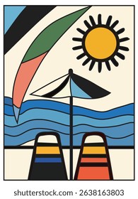 Summer poster with sun, sea and beach, vacation background, banner, greeting card, template. Summer holiday concept  