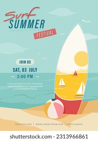 Summer poster with surfboard and ball in sand beach background 