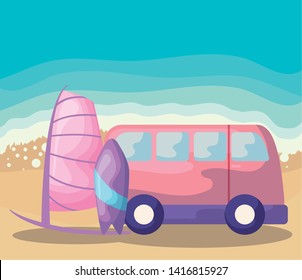summer poster with surfboard and van in the beach