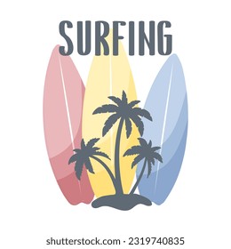 Summer poster with surfboards, palm trees and lettering Surfing. Summer illustration, logo, vector