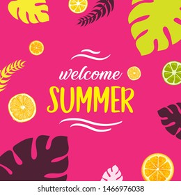 Summer poster or template design with summer fruits and leaves illustration