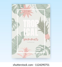 Summer poster template design, tropical green leaves on light green background, pastel vintage style