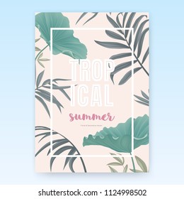 Summer poster template design, tropical green leaves on light pink background, pastel vintage style