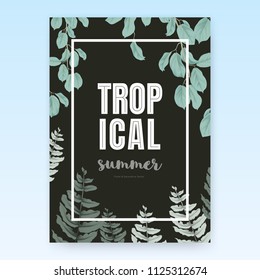 Summer poster template design, tropical green leaves on dark grey background, pastel vintage style