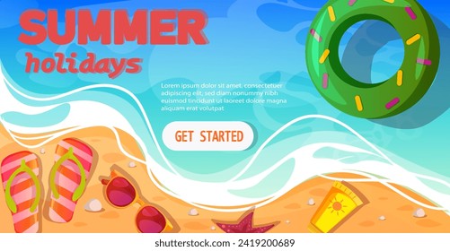 Summer poster template holidays. Time to travel ocean beach. Inflatable ring in sea waves. Beach slippers and sunglasses on sandy beach. Promotion and shopping template for Summer. Vector illustration