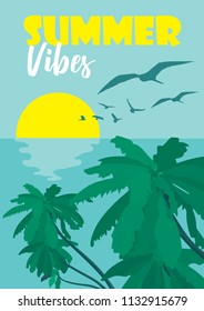 Summer poster template with sun palm trees and birds