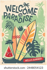 Summer poster template with tropical fruits, plants and surfing boards. Welcome to paradise retro vector flyer illustration. Travel and vacation.