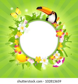 Summer Poster Template With Tucan And Flowers, Vector Illustration