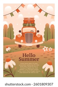 Summer poster template. Vector illustration with red vintage car and suitcases, luggage on roof. Rural summer landscape, bunting flags, flowers, trees. Flat Design. Sale banner design. Road trip.