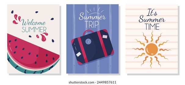 Summer poster templates set with a suitcase, watermelon, and sun. Vector illustration set in summer style is wonderful for posters, banners, and templates.