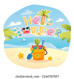 Summer poster. Text: hello summer. A set of beach elements. Vector illustration.
