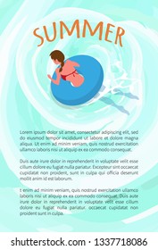 Summer poster with text sample, woman in bikini swimming in inflatable round ring. Vector girl back view in rubber donut sunbathing, person resting at sea