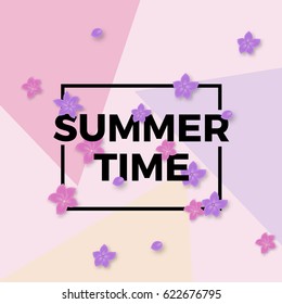 Summer poster with text Summer time with colorful beautiful flowers. Design template for posters, voucher discount, cards, stickers, banners, advertisement. Vector.