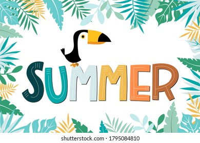 Summer poster with toucan. Tropical leaves summer  frame with  white copy space. Ready for print for banner, invitation, card or poster