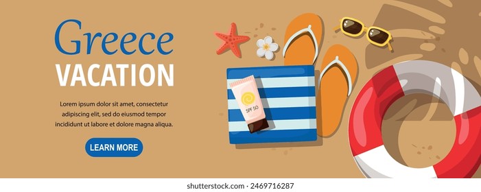 Summer poster. Tourism. Beach accessories on sand. Vector Illustration