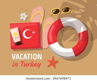 Sommerplakat. Tourismus in der Türkei. Strandzubehör auf Sand. 