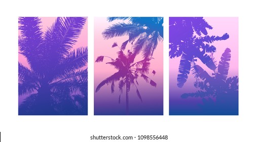 Summer poster, tropical backgrounds set with palms. Summertime poster, flyer, card template palm leaf art