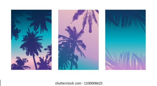 Summer Poster, Tropical Backgrounds Set With Palms. Summertime Poster, Flyer, Card Template Silhouette Palm Leaf Art