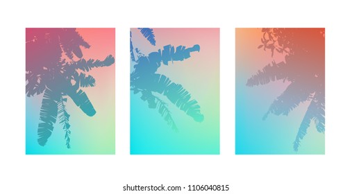 Summer poster, tropical backgrounds set with palms. Summertime poster, flyer, card template palm leaf art