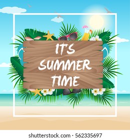 Summer Poster With Tropical Flowers and beach background