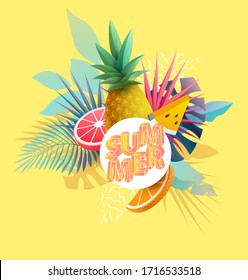 Summer poster with tropical fruits and plants