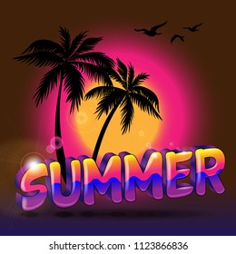 Summer poster with a tropical palm, flying birds and lettering on a beautiful sunset background. Stylized vector illustration