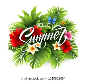 Summer poster with tropical palm leaf and handwriting lettering. Vector illustration EPS10