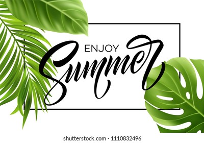 Summer poster with tropical palm leaf and handwriting lettering. Vector illustration EPS10