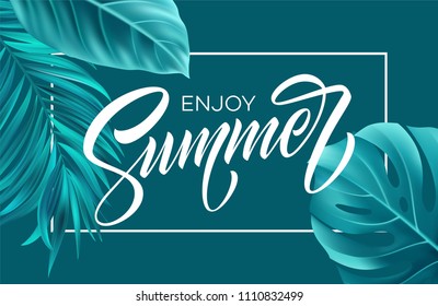 Summer poster with tropical palm leaf and handwriting lettering. Vector illustration EPS10 Summer poster with tropical palm leaf and handwriting lettering. Vector illustration EPS10