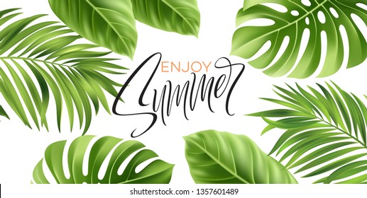 Summer poster with tropical palm leaf and handwriting lettering. Vector illustration EPS10