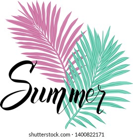Summer poster with tropical palm leaf and handwriting lettering. 