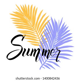 Summer poster with tropical palm leaf and handwriting lettering. 