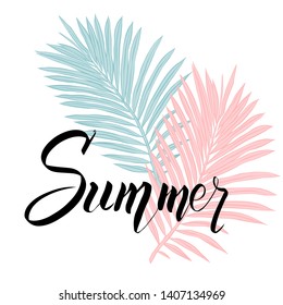 Summer poster with tropical palm leaf and handwriting lettering.