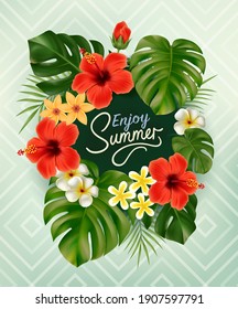 Sommerposter mit tropischen Palmenblättern und Blumen mit handgeschriebenen Schriften. Sommer tropischer Hintergrund. Vektorgrafik