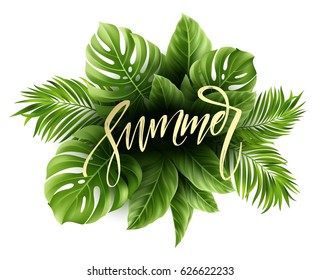 Summer poster with tropical palm leaf and handwriting lettering. Vector illustration EPS10