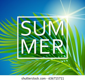 Summer poster with tropical palm leaf . Vector illustration
