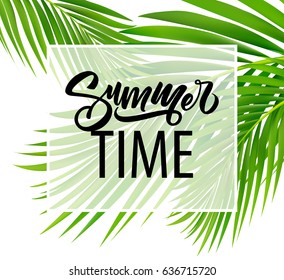 Summer poster with tropical palm leaf . Vector illustration