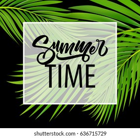 Summer poster with tropical palm leaf . Vector illustration