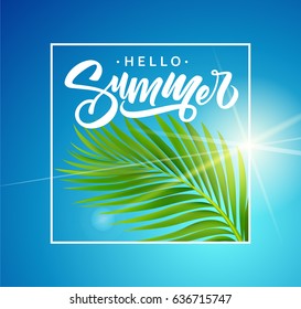 Summer poster with tropical palm leaf . Vector illustration